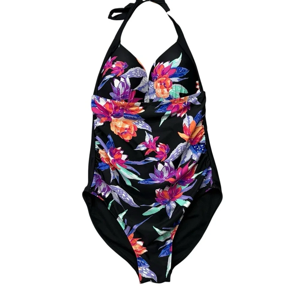 St Johns Bay Women's Swimsuit 12 Black Floral Halter Slimming One Piece